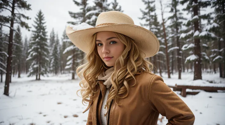 blonde curly hair, female, cowboy hat, outdoors, snow