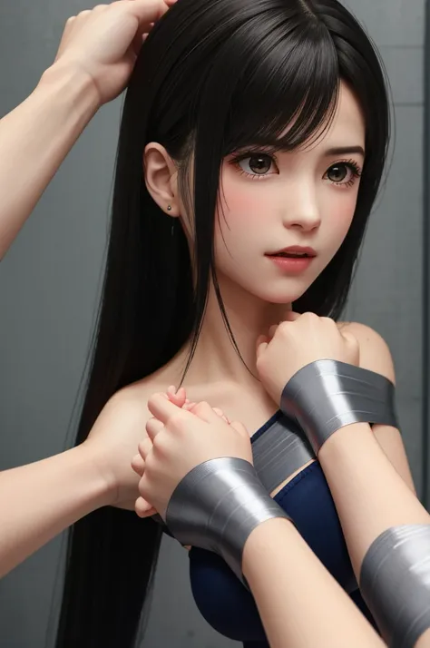 masterpiece, absurdres, 1girl, Tifa Lockhart, ((long hair, parted bangs, long flowing hair, black hair,The most beautiful hair in the world、shinny hair、Super long silky straight hair )), large breasts, breasts out,Bound, Bondage, (arms behind back:1.4), BD...