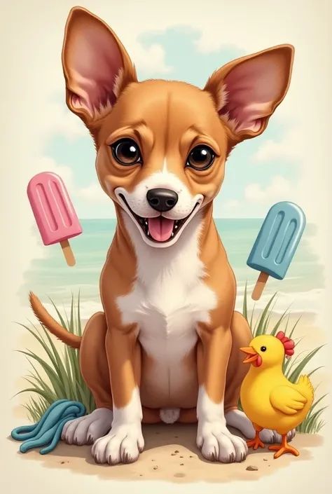  Generate tattoo illustration of my deceased puppy : Mel
Race :  Pinscher
Name :  Honey
Hair colors :  light brown and white
Favorite toys and items :  yellow chicken ,  pink popsicle ice cream and light blue cover
She liked to sunbathe,  walking and trave...