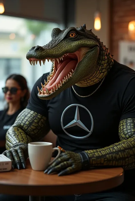  Body building crocodile with big teeth  ,long tongue ,wears cigarette , wears black t-shirt with mercedes bens brand having coffee with toyota chick