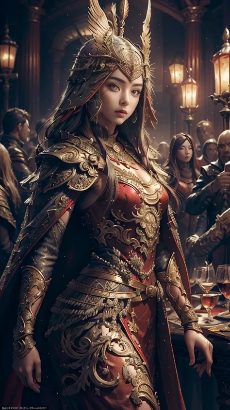 ((Masterpiece))), ((Best Quality))), ((Ultra Detailed)), (Surreal), (Highly Detailed CG Illustration), Cinematic Light, Realistic, Very Beautiful Young Lady,Sexy, Light Makeup,, Intricate Details EABA, Red Cloak, Spear