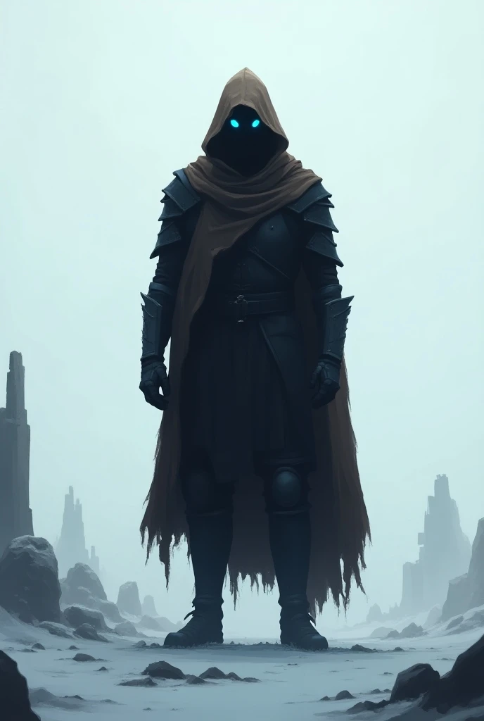 A minimalist 2D silhouette of a mysterious knight, inspired by the style of a cloaked figure with glowing blue eyes. The knight wears a tattered brown cloak over dark, rugged armor, standing alone in a snowy, post-apocalyptic landscape with scattered ruins...