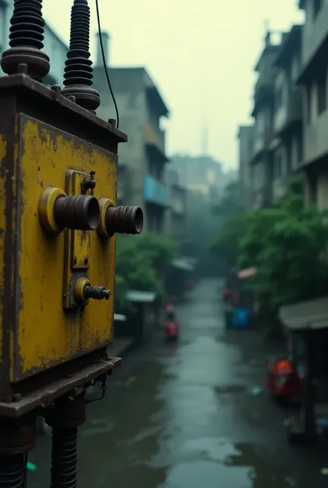 Closeup look of a overvoltage in transformer surge arrester by side of the Kolkata street 

Muted Color Palette: The color grading is predominantly desaturated with cool tones (yellow, green, grey), creating a cold, dramatic atmosphere. Theres minimal cont...