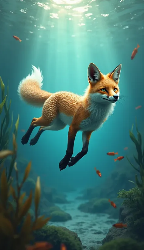 A fox with fish scales, gliding gracefully through water.