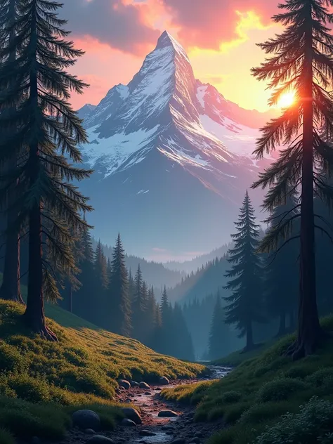 Coniferous forest on a mountain with a snowy top and sunrise in the background