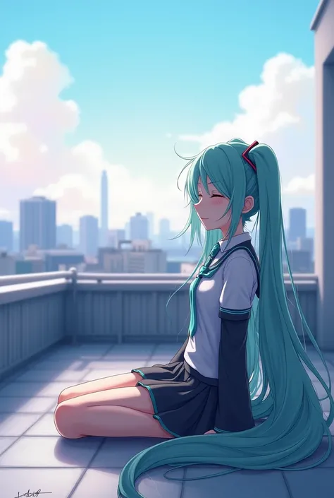 Hatsune Miku, school rooftop, sitting 