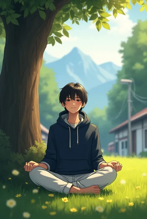 "A 18 years old boy with shoulder-length dark hair sits cross-legged on lush green grass, leaning slightly against a large tree. He is dressed casually, wearing a dark navy hoodie with a light inner layer peeking out at the collar and white pants, and he h...