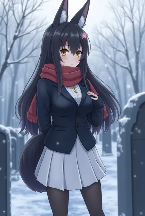 day, dawn, cloudy. snow, snowfall, blizzard, graveyard, tombstones, 1girl, fox ears, fox tail, long hair, black hair, hair ornament, gold beautiful eyes,  huge breast, white skirt. black fur coat, white blazer,  scarf, cross neckle, arms under breasts, fac...