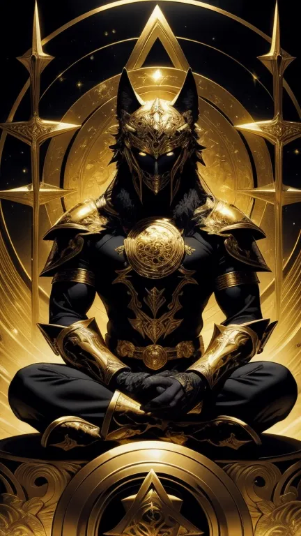 High quality, masterpiece, best detail, full body, man in black armor with golden runes, wolf ears on a black helmet with golden runes, moon above his head, meditating in lotus position holding the universe in both hands