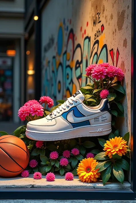 window display of a nike shoe with flowers, basketball, street style, graffiti, wall paint