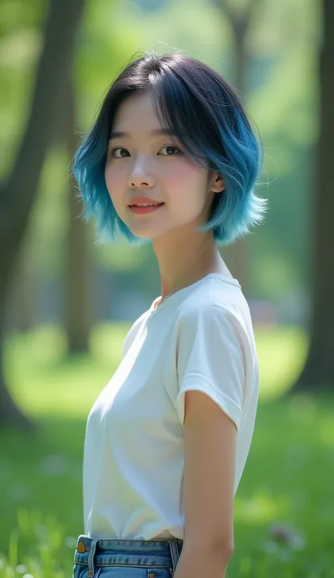 ((photorealism:1.8)), (((masterpiece))),asian short girl 30 years old, hair almost short haircut, hair color blue gradient, medium chest, seems to smile but not too much, stands in the park , asian woman , Small chest, small breast