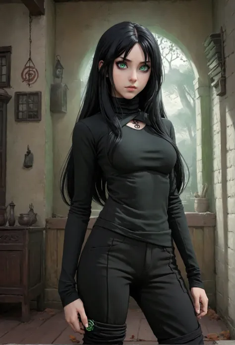 A daughter of severus snape , 1 Girl, Long black hair, Light green eyes, black turtleneck, Black pants, Naruto-style ninja outfit,