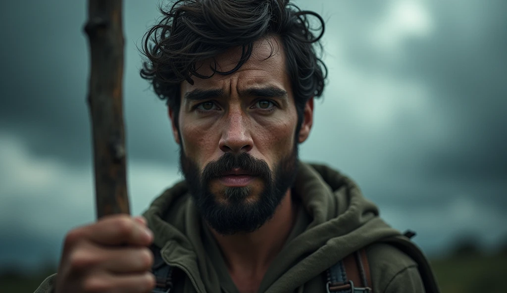 A close-up of David,black hair and beard , around 25 years old, A close-up of David, around 25 years old, standing tall in a stormy wilderness, his face marked with concern but his eyes filled with determination. His hands are tightly gripping a staff, wit...