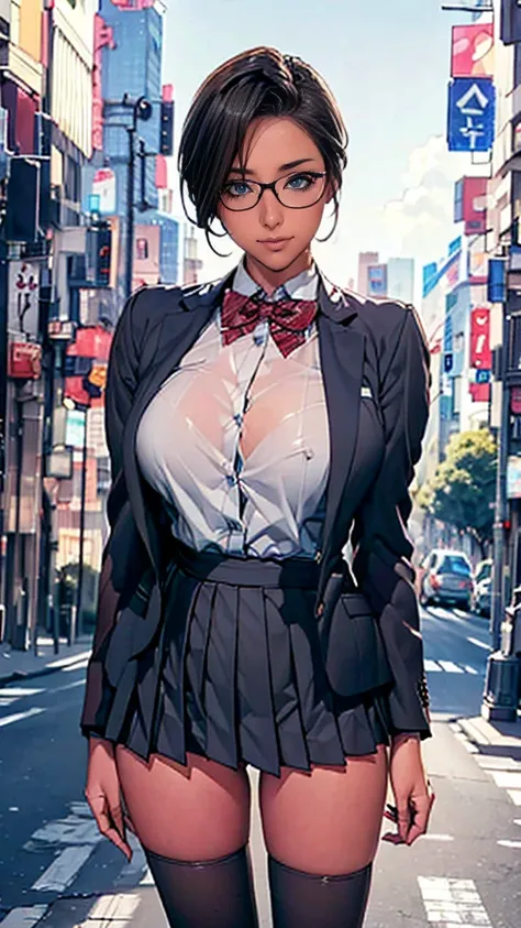 8k,Best Quality,(plump curvy),( very tight blazer uniform with buttons on the chest),tall,High school girl,( very short pleated micromini skirt ),(over thigh socks ),Full body,Standing posture,Glasses,(steam),Put your hands behind your back, black hair str...