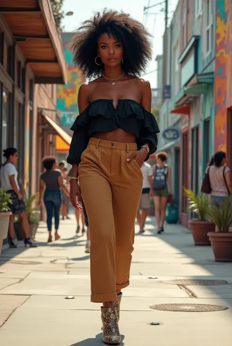 A curvaceous Black woman in a chic, off-shoulder black silk top with a slight ruffle detail, styled with high-waisted, camel-colored tailored trousers and snakeskin-patterned ankle boots, her natural curls swept into a half-up, half-down style as she walks...