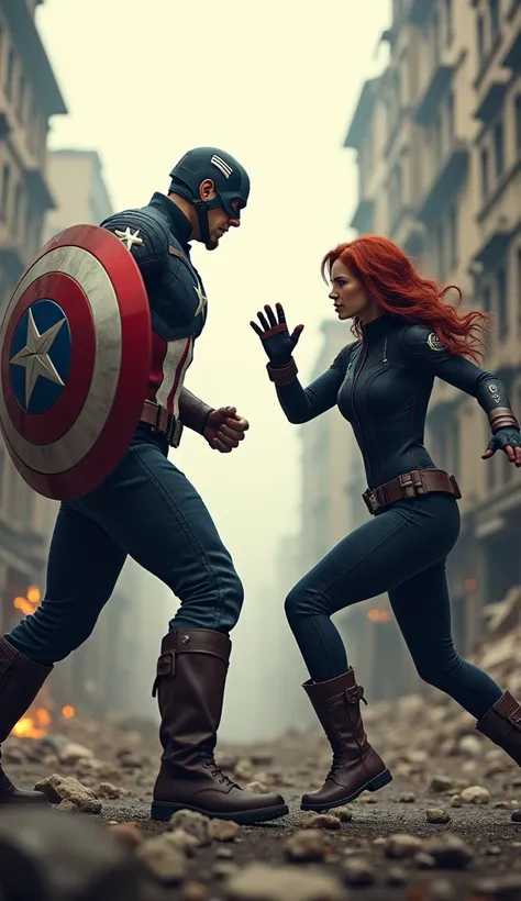 Captain America stands with his shield raised, ready for a fight, while Black Widow flips through the air, poised to strike. The backdrop is a war-torn cityscape, enhancing the intensity of their rivalry.