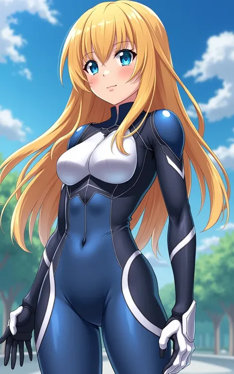  a beautiful girl, Shiny Zero Suit , outdoors, Blue eyes, blonde,  impressive proportions, 