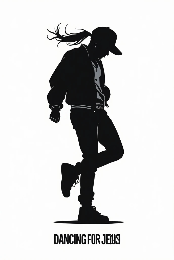 Create a logo of a hiphop female dancer wearing a baseball cap and jacket sillouhette with exact slogan of "Dancing for Jesus" 