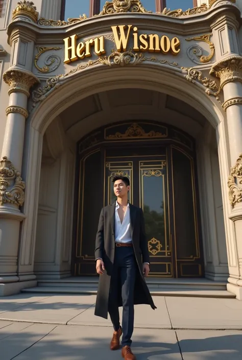 a handsome Asian man aged 20 wearing jeren clothes is walking under a building that says heru wisnoe. Camera angle is from bottom to top.