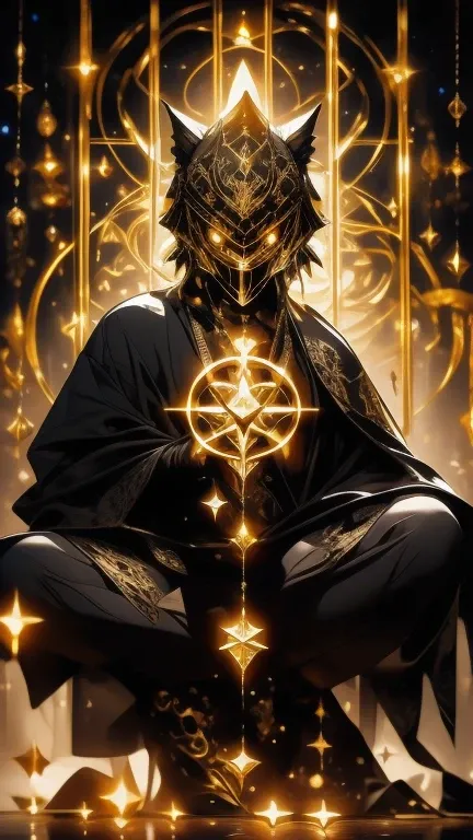 High quality, masterpiece, best detail, full body, man in black armor with golden runes, wolf ears on a black helmet with golden runes, moon above his head, meditating in lotus position holding the universe in both hands