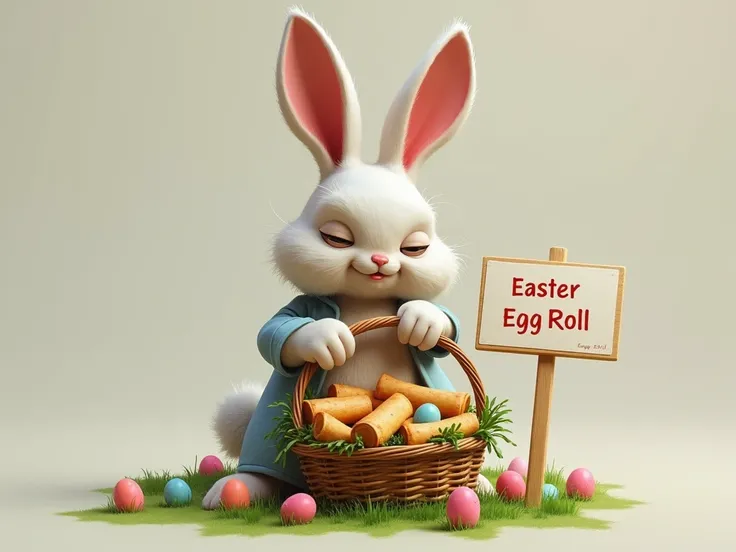 depressed looking easter bunny holding easter basket with plastic grass, but with only chinese egg rolls in basket, sign read "easter egg roll"