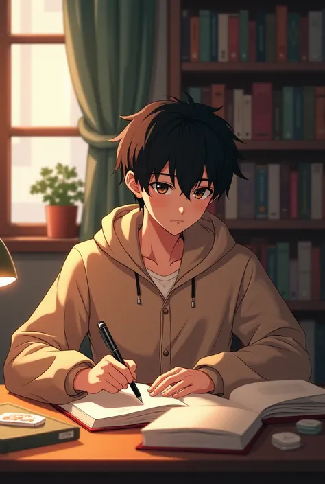 An anime boy of age 20 wearing night suit and pyjama of brown color sitting in a study room writing a diary 