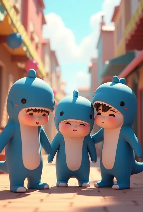 cute 3D animation, Pixar style, People wearing whale mascot costumes, anime influence, soft lighting, 8k quality, professional rendering, detailed textures