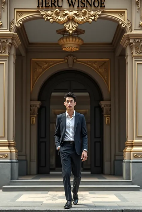 a handsome Asian man aged 20 wearing jeren clothes is walking under a building that says heru wisnoe. Camera angle is from bottom to top.