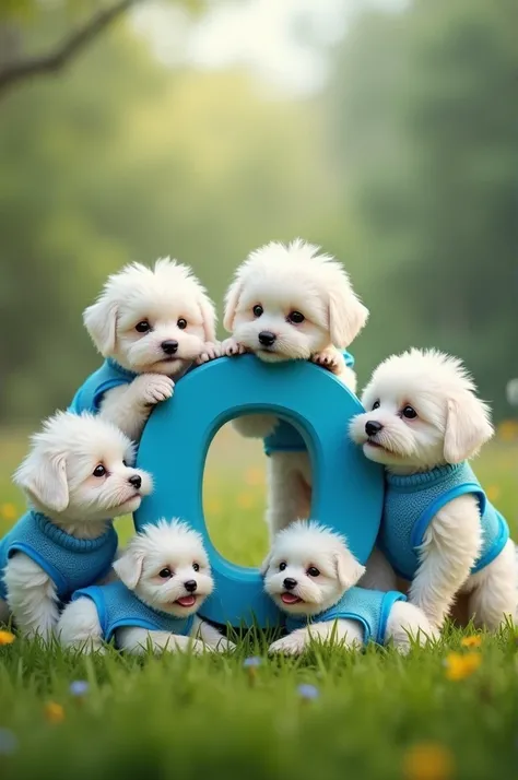 Maltese puppies with blue vests surrounding a giant letter O in the field