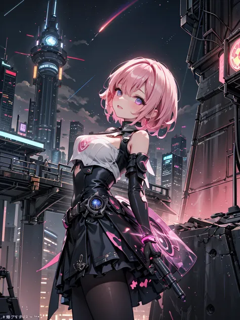 An adult woman full of energy、Cheerful expression、Short pink hair、 low angle 、 detailed face、 Taken on the Rooftop of Skyscrapers、Outdoor、Night Sky、 height close to clouds、 Pink and Blue Neon 、 Lighting from Behind the Subject 、 Depth in the background 、 M...