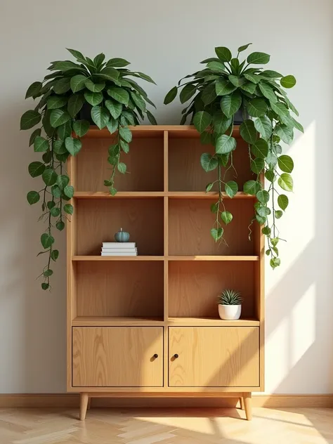 High quality image of a wooden bookcase with 2 hanging ficus plants on top.