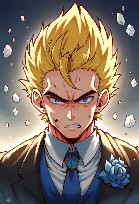  8k muscular portrait of Vegeta, Yellow hair,  blue eyes,  Intricate , Elegant,  Very detailed, whole body, majestic, Digital Photography, artgerm、 works by Ruan Jia and Greg Rutkowski ,  dark hair , beardless face , Broken Glass (masterpiece,  side lighti...