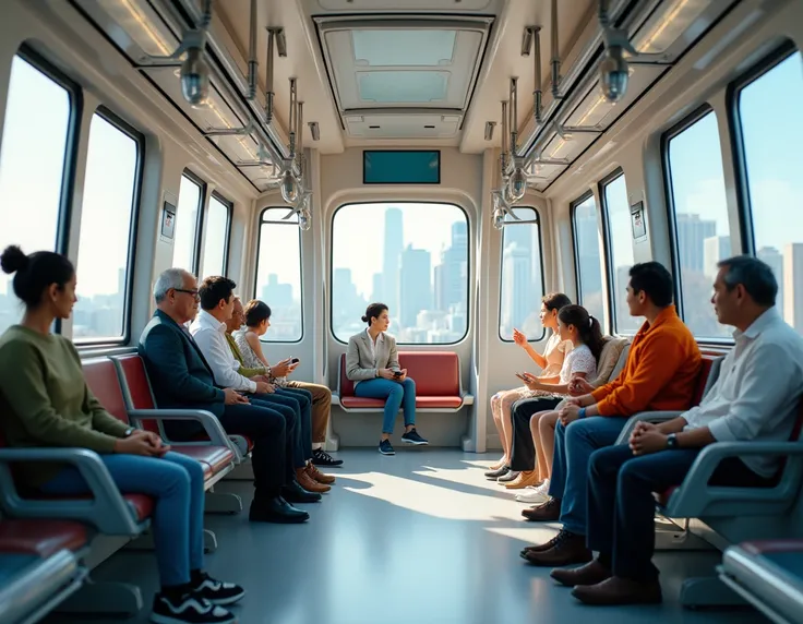 Give me an image of a subway cable car with seats that can be adjusted. The seats should be different sizes and heights, and the picture should be in 4k, with differing seat types for all types of people, especailly children and the elderly.