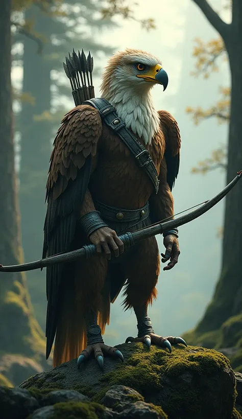 "A majestic, hybrid creature standing in a misty forest at dawn, with a blend of human-like archer features and the fierce, powerful anatomy of an eagle. Its torso and arms resemble those of a skilled archer, muscular and poised, while powerful, feathered ...