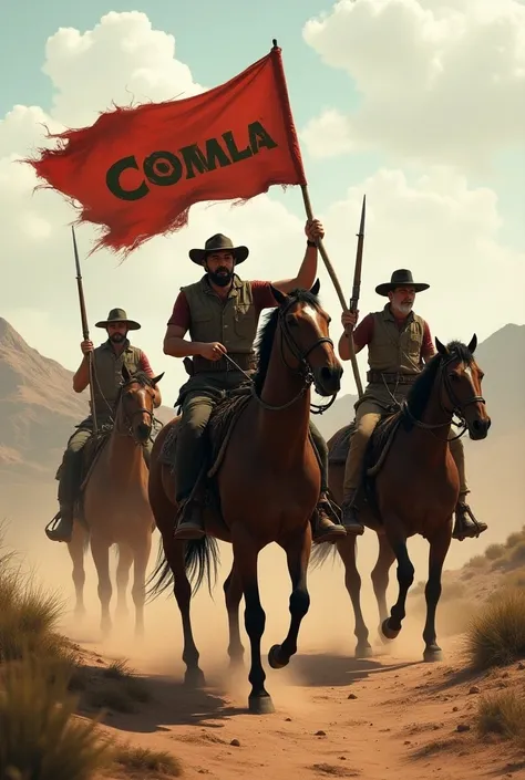 Revolutionaries on horses with weapons with a sign that says Comala