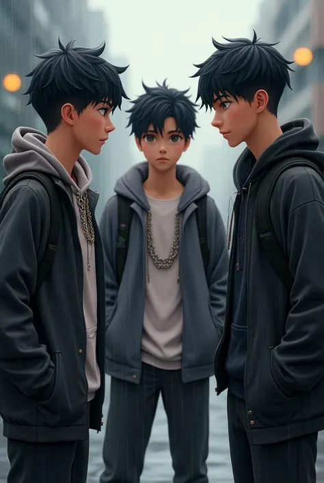 3boys, jacket, rain, outdoor, sweatshirt, open jacket, chain, backpack, looking at other, hair split in middle, tanned skin, boy gender, boy focus, trend in artstation, 8k resolution, highly detailed, anatomically correct, sharp image, in real life art, tr...