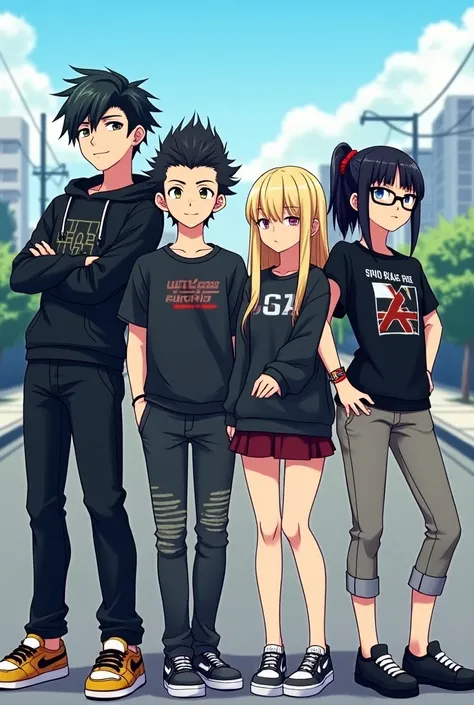 A group of 4 characters in the anime style of Jujutsu Kaisen 

The first character: A boy,  wear casual clothes  esportivo, stylish and modern,  stylish gradient haircut ,  dark black hair color , height 1, 80

Second character :  A boy,  wear casual cloth...