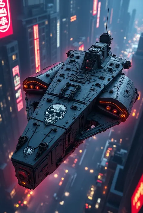 An old , cyberpunk,  colored ship with a skull and dynamite as a symbol. With the cartoon in anime traits.