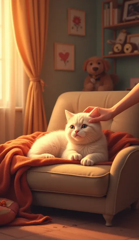 Scene 2: Memories of a Cozy Home
Prompt: A warm, cozy room with soft lighting and a loving atmosphere. The same cat, now much younger, lies comfortably on a plush sofa. A warm lamp casts a glow, and the cat’s fur looks soft and cared for. Nearby, a person’...