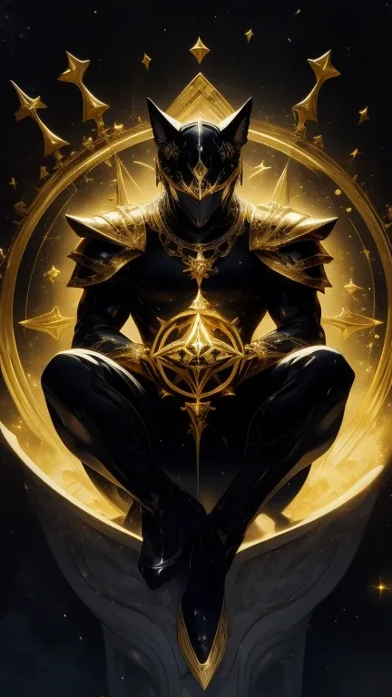 High quality, masterpiece, best detail, full body, man in black armor with golden runes, wolf ears on a black helmet with golden runes, moon above his head, meditating in lotus position holding the universe in both hands