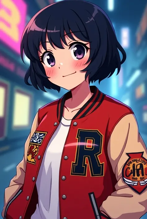 80s anime-style female, slightly chubby, wearing a varsity jacket