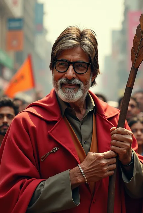 Generate a hyper-realistic image of Indian Actor Amitabh Bachchan dressed as a superhero with a cape and traditional superhero outfit, holding a wooden Arrow like a staff, with a wise, slightly amused expression. The background shows a vibrant cityscape wi...