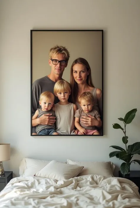  A photograph on the wall that is of a family of a mother of 55 years, a father of 55 years old ,  a young man of about 27 years old with glasses ,  a young man of 18 years old and two twin babies of  , all blond  