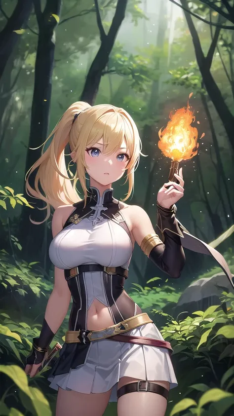 ((best quality)), ((   great works   )), (  behind a dark forest atmosphere filled with many fireflies.,   High Resolution ,  many details  )16k,1 
((   big breasts,Natural face,    Medium resolution   ))   Blonde collected in a ponytail, เกราะเบาแวววับ Hi...