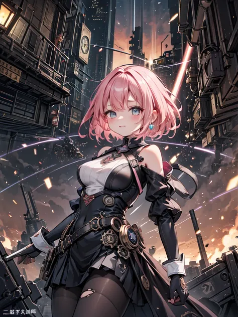  energetic pose 、An adult woman full of energy、Cheerful expression、Short pink hair、 low angle 、 detailed face、 woman on the roof of a high-rise building、 horizon 、 Lighting from Behind the Subject 、 Depth in the background 、 Machine and Rust Details 、 ultr...