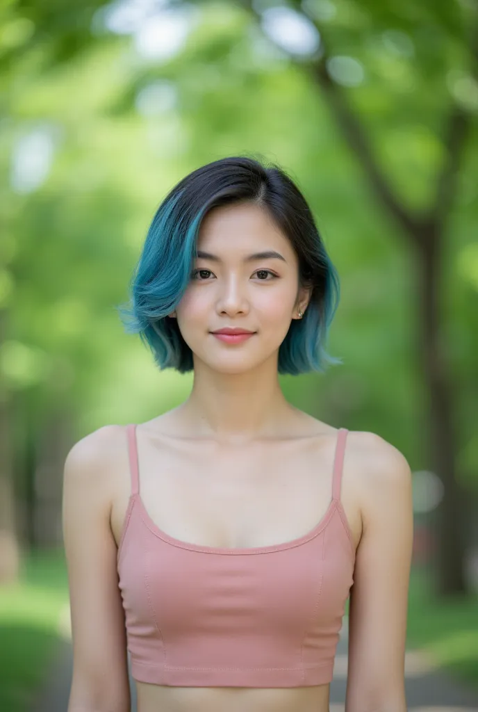 ((photorealism:1.8)), (((masterpiece))),asian short girl 30 years old, hair almost short haircut, hair color blue gradient, medi...