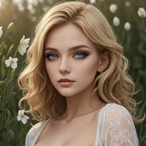 (masterpiece:1.2), (best quality:1.2), perfect eyes, perfect face, perfect lighting, topless girl, mature female in a field, medium blond hair, curly hair, detailed clothes, detailed outdoor background, makeup, eyeshadow, thick eyelashes, fantasy, looking ...