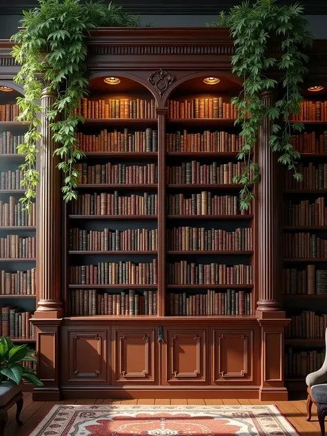  High quality image of a bookcase with a showcase containing many books of various thicknesses and various colors. At the top of the bookcase there are 2 hanging plants 