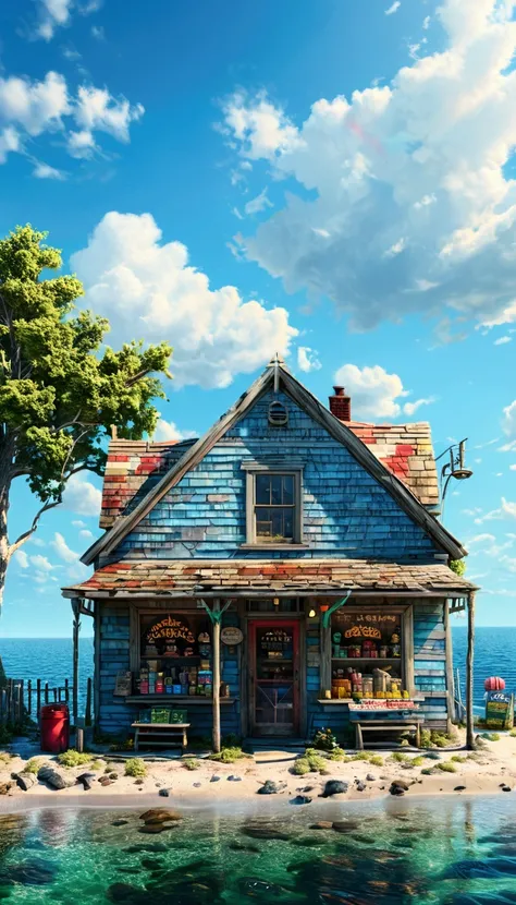 A semi-realistic, cartoon-style scene of a general store on the sea, with crystal clear waters, a telephone pole, a vivid summer sky, and a sharp contrast of sun and shadow, in 8K HDR quality. A semi-realistic, cartoon-style scene of a general store on the...