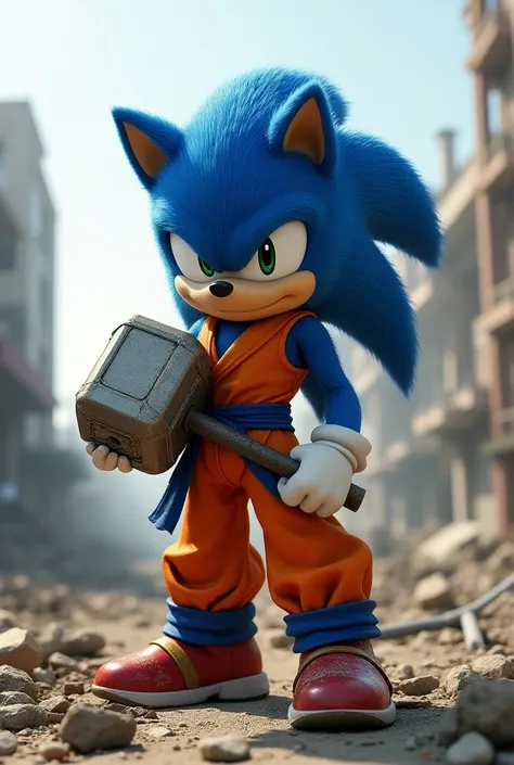 Sonic wearing Gokus costume holding Thors hammer. destroyed city scene,   Highly realistic . render 